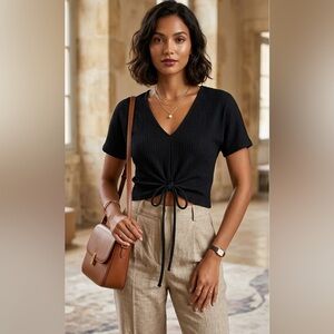 Zara Black Textured Tie-Front Crop Top V-Neck Small